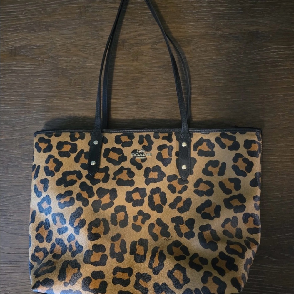 Coach Brown and Black Leopard Print City Tote